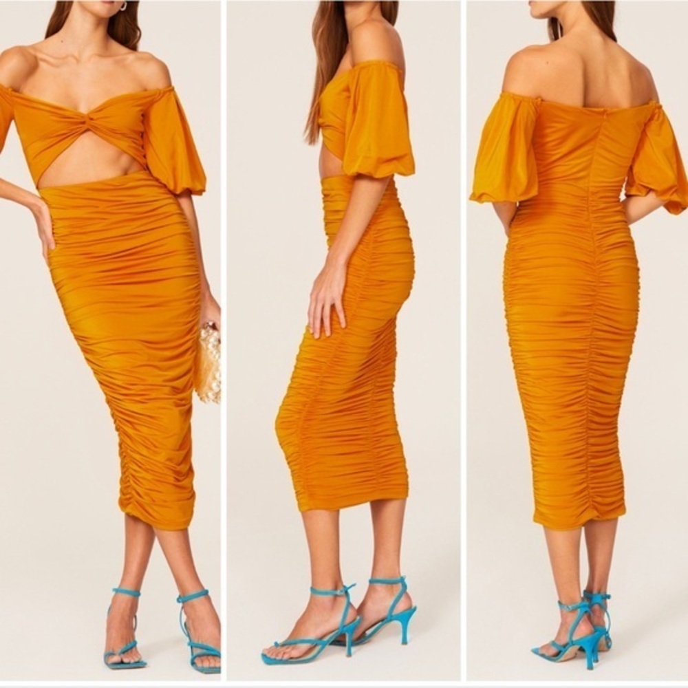Elle Zeitoune Naira Ruched Off Shoulder Formal in Marigold Gold Midi Dress